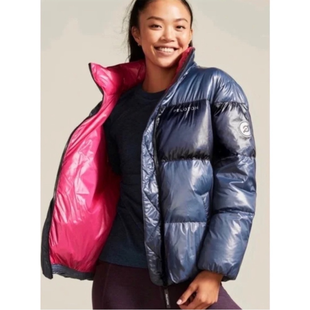 PELOTON H120 puffer jacket zip womens navy hot pink color block M - Picture 2 of 10